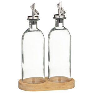 Set of Glass Oil/Vinegar Bottles on Bamboo Stand