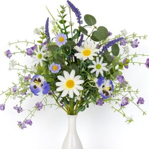 FloralElegance Artificial Spring Flowers 4 Pack Spring Floral Picks 17 Inch Flower Stems with Daisies Lavender Butterfly Orchids for Vases Centerpieces Flower Arrangements Springtime Easter Festival