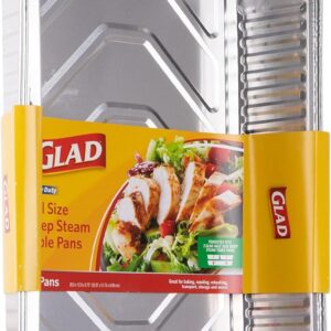 Glad Disposable Half Size Aluminum Steam Pans, Deep Heavy Duty Foil Pans for Steaming, Baking, Roasting, Meal Prep, Catering & Freezer Storage, 12.5 x 10.25 x 2.5 Inch, 2 Count