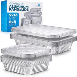 Diplastible Disposable Aluminum Pans With Lids, 9x13 (10pc) And 8x8 Square (10pc) Combo Set, Disposable Baking and Cake Pan (Pack of 20)