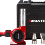 Industrial hot air gun kit, quick replacement of plug-in heating elements, adjustable temperature, voltage 120 volts, power 1740 watts, current 14.5 amps, assembled in the United States.