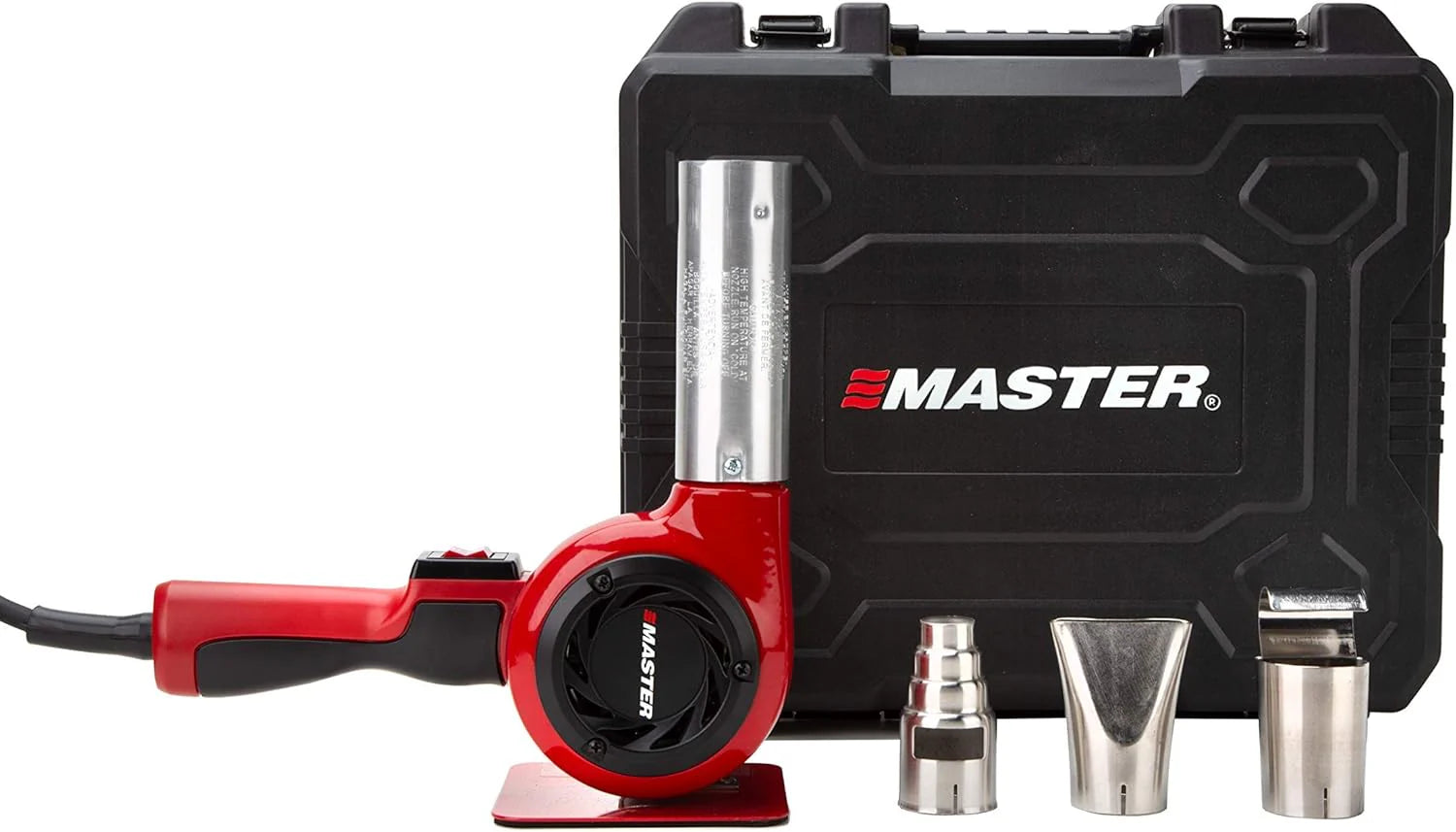 Industrial hot air gun kit, quick replacement of plug-in heating elements, adjustable temperature, voltage 120 volts, power 1740 watts, current 14.5 amps, assembled in the United States.