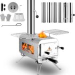 7.3 Foot tall portable wood-burning stove, small stainless steel tent-style heater, equipped with 6 chimney pipes, suitable for outdoor heating, cooking, hunting and ice fishing